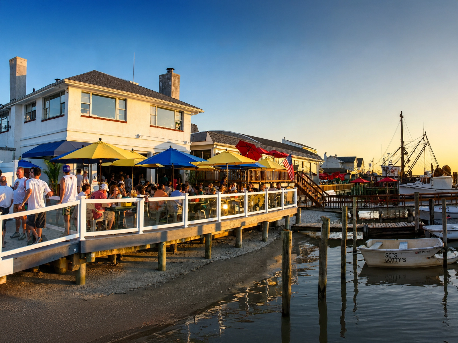 Sunset over the waterfront near Scotty’s on the Bay and The Buoy Bar
